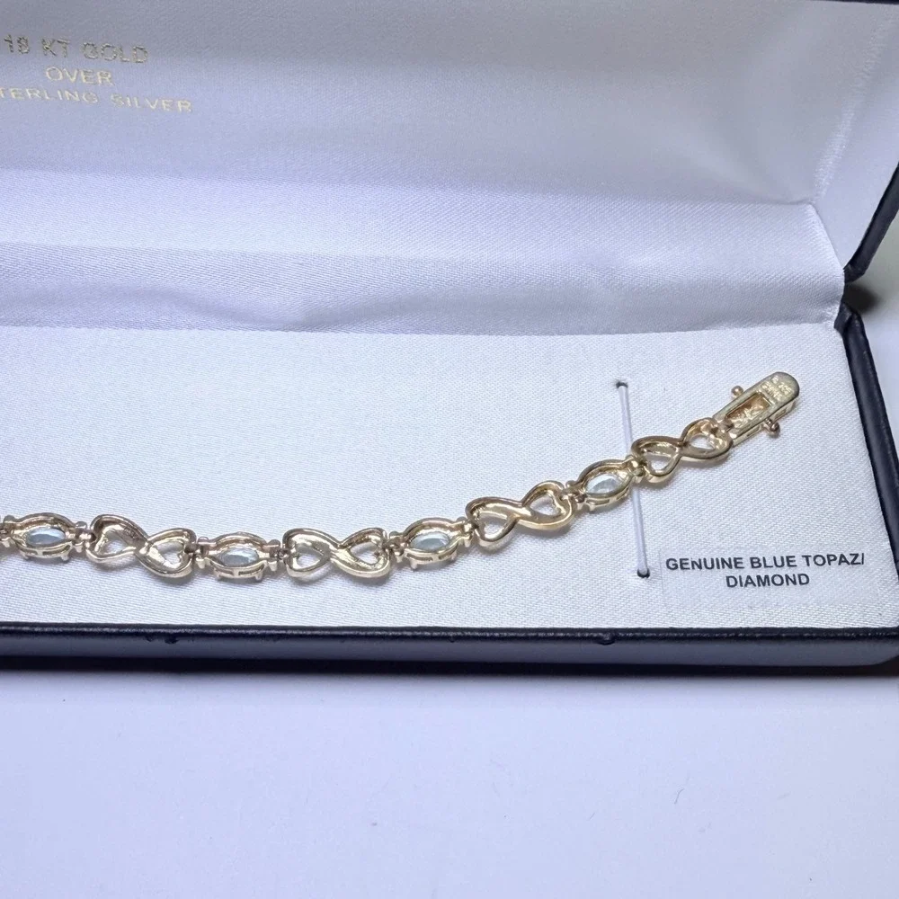 18KT Gold Over Silver Blue Topaz Diamond Infinity Link‎ Bracelet 925 China